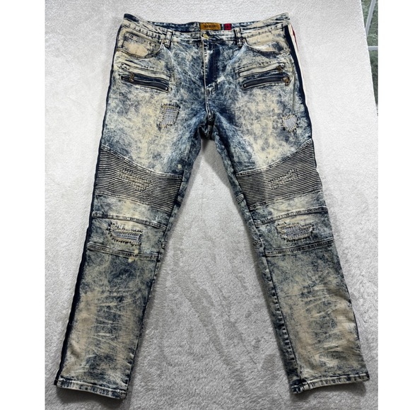 Makobi Other - Makobi Mens Biker Distressed Acid Wash Blue Jeans 42x32 Meas: 43x33